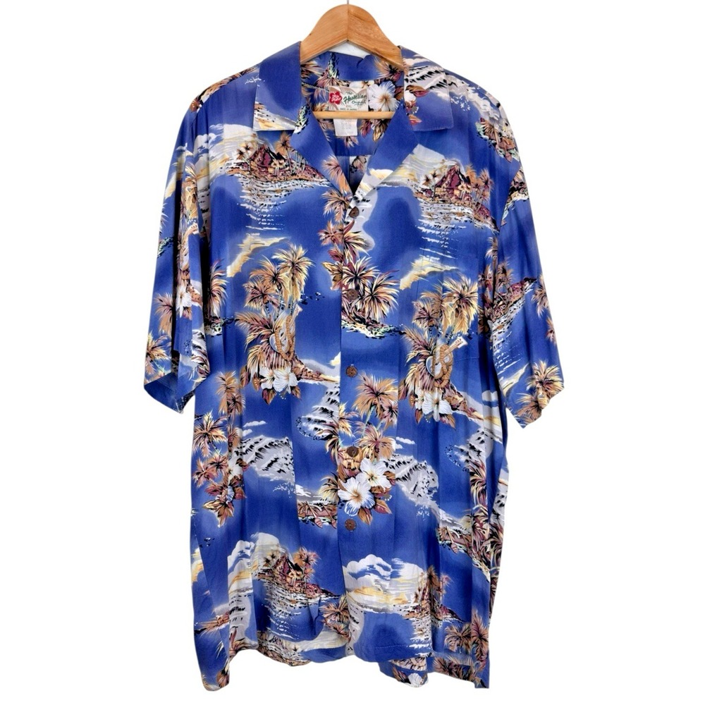 Hilo Hatties Men's Hawaiian Floral Hibiscus Island Palm Trees Blue Size 2XL - Picture 2 of 5